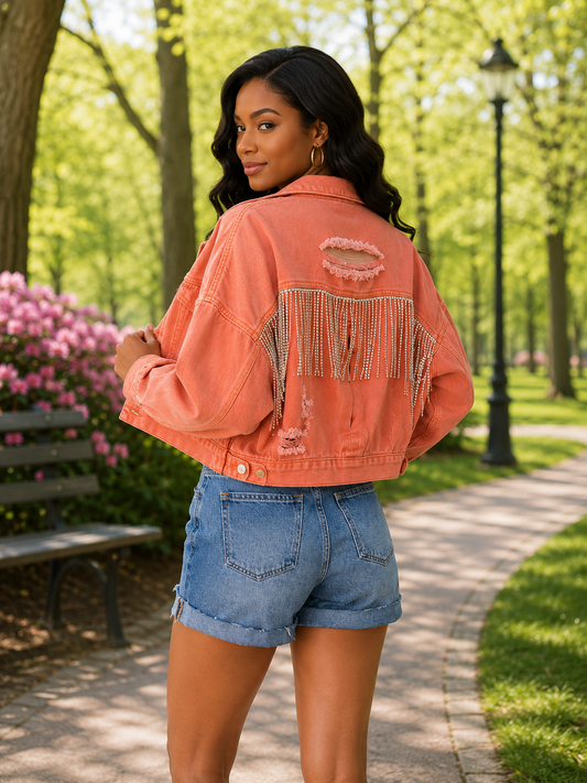Rhinestone Fringe Denim Jacket