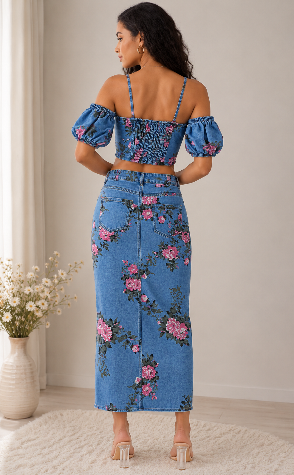 Floral Print Sweetheart Neck Cami and Skirt Denim Set