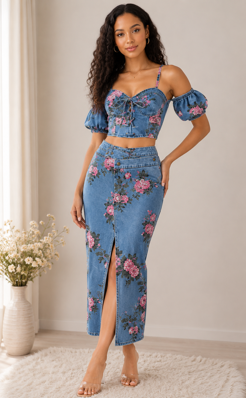 Floral Print Sweetheart Neck Cami and Skirt Denim Set