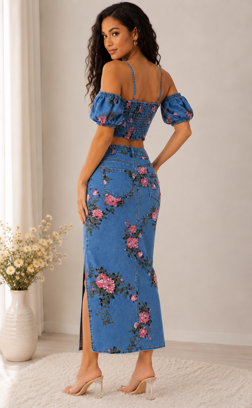 Floral Print Sweetheart Neck Cami and Skirt Denim Set